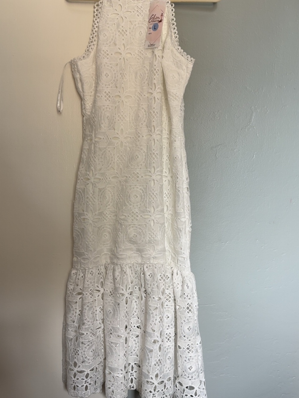 Cherish White Lace Midi Dress with Ruffled Hem